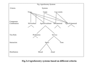 Fig. Agroforestry Systems
Criteria Systems
Trees Crops Live stocks
Component
Combination Silviculture Agrisilvicultural Silvipastoral Agrisilvipastoral
Tree Role Production Service
Interaction Space Time
Distribution Mixed Zonal
Fig.3.4 Agroforestry systems based on different criteria
 