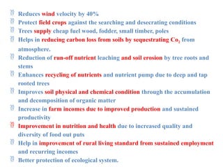  Reduces wind velocity by 40%
 Protect field crops against the searching and desecrating conditions
 Trees supply cheap fuel wood, fodder, small timber, poles
 Helps in reducing carbon loss from soils by sequestrating Co2 from
atmosphere.
 Reduction of run-off nutrient leaching and soil erosion by tree roots and
stems
 Enhances recycling of nutrients and nutrient pump due to deep and tap
rooted trees
 Improves soil physical and chemical condition through the accumulation
and decomposition of organic matter
 Increase in farm incomes due to improved production and sustained
productivity
 Improvement in nutrition and health due to increased quality and
diversity of food out puts
 Help in improvement of rural living standard from sustained employment
and recurring incomes
 Better protection of ecological system.
 
