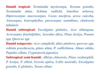 Humid tropical: Terminalia myriocarpa, Tectona grandis,
Terminalia alata, Schima wallichi, Gmelina arborea,
Dipterocarpus macrocarpus, Cocus nucifera, areca catechu,
Artocarpus, heterophyllus, pterocarpus santalinus, chukrasia
tubularis
Humid subtropical: Eucalyptus globules, Acer oblungum,
Acrocarpus fraxinifolius, Aesculus idica, Pinus kesiya, Prunus
spp. Quercus spp
Humid temperate: Acer campbelii, abies pindrow, quercus spp,
robinia psuedacacia, pinus alata, P. wallichiana, Almus nitida,
Populus ciliate, Cryptomeria japonica
Subtropical semi-humid: Albizia chinensis, Pinus roxburghiii,
P. kesiya, P. ellioti, Grewia optiva, Celtis australis, Eucalyptus
grandis, E globules, Toona ciliate
 