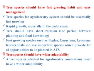  Tree species should have fast growing habit and easy
management
 Tree species for agroforestry system should be essentially
fast growing
 Rapid growth, especially in the early years,
 Tree should have short rotation (the period between
planting and final harvesting)
 Fast growing species such as Poplar, Casuriana, Leucaena
leucocephala etc. are important species which provide lot
of opportunities to be planted in AFS
 Tree species should have wider adaptability
 A tree species selected for agroforestry cominations must
have a wider adaptability
 