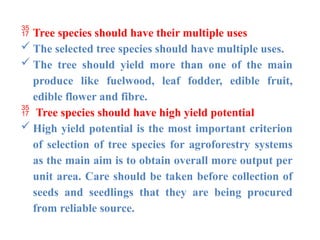  Tree species should have their multiple uses
 The selected tree species should have multiple uses.
 The tree should yield more than one of the main
produce like fuelwood, leaf fodder, edible fruit,
edible flower and fibre.
 Tree species should have high yield potential
 High yield potential is the most important criterion
of selection of tree species for agroforestry systems
as the main aim is to obtain overall more output per
unit area. Care should be taken before collection of
seeds and seedlings that they are being procured
from reliable source.
 