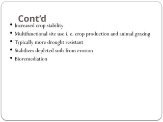 Cont’d
 Increased crop stability
 Multifunctional site use i. e. crop production and animal grazing
 Typically more drought resistant
 Stabilizes depleted soils from erosion
 Bioremediation
 