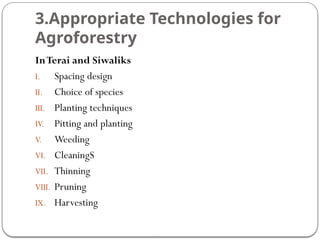 3.Appropriate Technologies for
Agroforestry
InTerai and Siwaliks
I. Spacing design
II. Choice of species
III. Planting techniques
IV. Pitting and planting
V. Weeding
VI. CleaningS
VII. Thinning
VIII. Pruning
IX. Harvesting
 