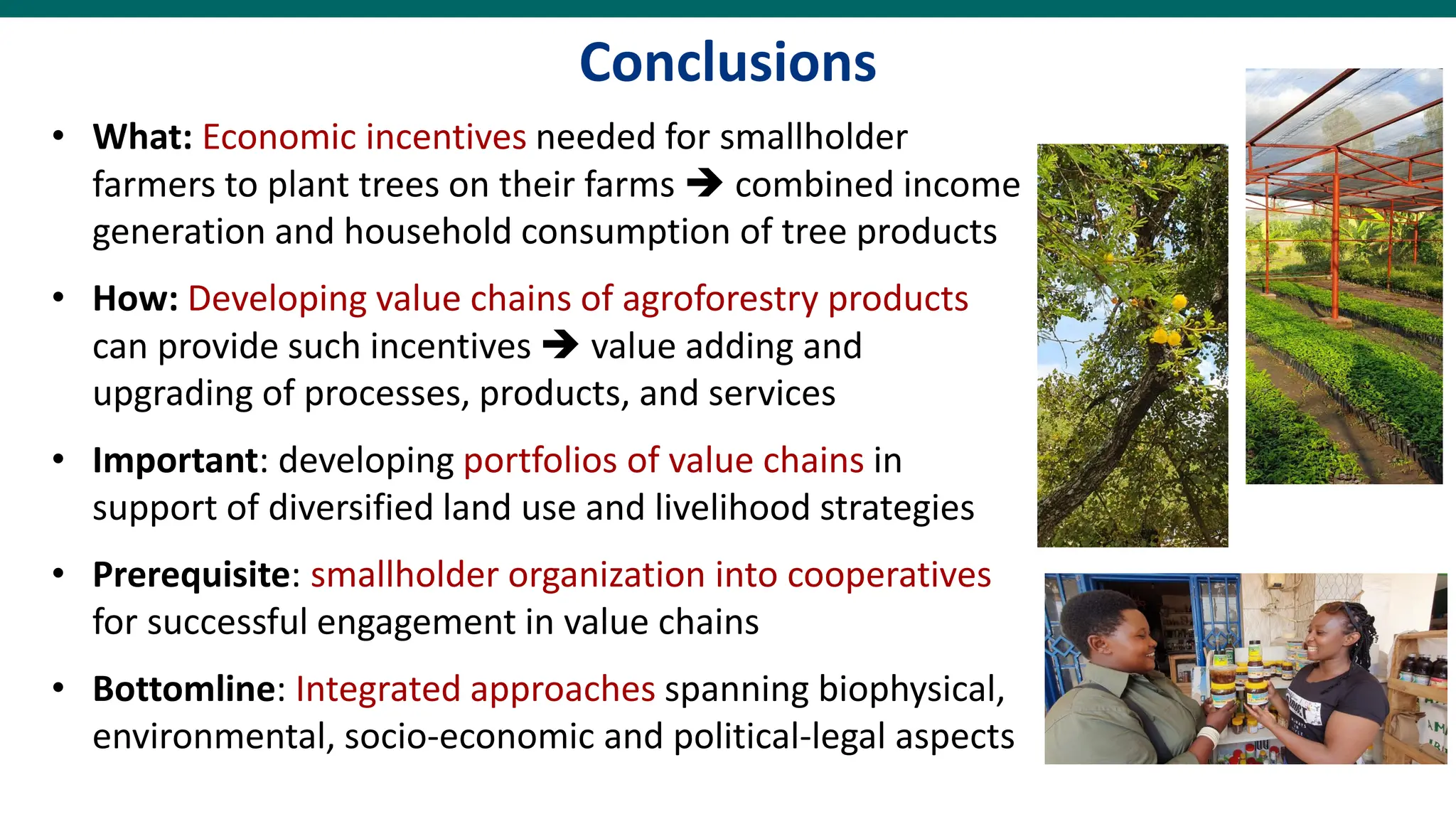 Conclusions
• What: Economic incentives needed for smallholder
farmers to plant trees on their farms ➔ combined income
generation and household consumption of tree products
• How: Developing value chains of agroforestry products
can provide such incentives ➔ value adding and
upgrading of processes, products, and services
• Important: developing portfolios of value chains in
support of diversified land use and livelihood strategies
• Prerequisite: smallholder organization into cooperatives
for successful engagement in value chains
• Bottomline: Integrated approaches spanning biophysical,
environmental, socio-economic and political-legal aspects
 