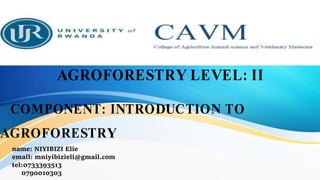 AGROFORESTRY LEVEL: II
COMPONENT: INTRODUCTION TO
AGROFORESTRY
name: NIYIBIZI Elie
email: mniyibizieli@gmail.com
tel:0733393513
0790010303
 