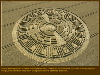 Les trois associés révèlent la présence d'isotopes radioactifs rares sur les sites. Selon eux, des boules de lumière, donc de
l'énergie, diffuseraient des micro-ondes qui façonneraient alors les champs de céréales.
 