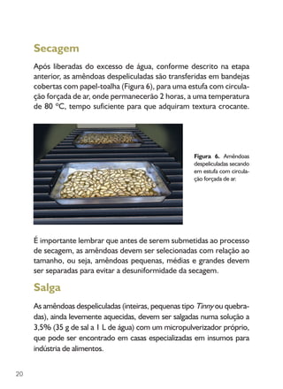 20
Figura 6. Amêndoas
despeliculadas secando
em estufa com circula-
ção forçada de ar.
Secagem
Após liberadas do excesso de água, conforme descrito na etapa
anterior, as amêndoas despeliculadas são transferidas em bandejas
cobertas com papel-toalha (Figura 6), para uma estufa com circula-
ção forçada de ar, onde permanecerão 2 horas, a uma temperatura
de 80 ºC, tempo suficiente para que adquiram textura crocante.
É importante lembrar que antes de serem submetidas ao processo
de secagem, as amêndoas devem ser selecionadas com relação ao
tamanho, ou seja, amêndoas pequenas, médias e grandes devem
ser separadas para evitar a desuniformidade da secagem.
Salga
As amêndoas despeliculadas (inteiras, pequenas tipo Tinny ou quebra-
das), ainda levemente aquecidas, devem ser salgadas numa solução a
3,5% (35 g de sal a 1 L de água) com um micropulverizador próprio,
que pode ser encontrado em casas especializadas em insumos para
indústria de alimentos.
 
