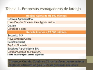 Tabela 1. Empresas esmagadoras de laranja
Citrosuco, Cutrale, Coinbra e Citrovita são as quatro maiores
empresas citrícolas do pais (93% da produção nacional)
 