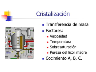 Cristalización
 Transferencia de masa
 Factores:
 Viscosidad
 Temperatura
 Sobresaturación
 Pureza del licor madre
 Cocimiento A, B, C.
 