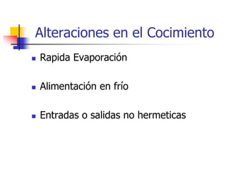 Alteraciones en el Cocimiento
 Rapida Evaporación
 Alimentación en frío
 Entradas o salidas no hermeticas
 