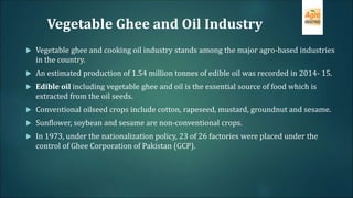Vegetable Ghee and Oil Industry
 Vegetable ghee and cooking oil industry stands among the major agro-based industries
in the country.
 An estimated production of 1.54 million tonnes of edible oil was recorded in 2014- 15.
 Edible oil including vegetable ghee and oil is the essential source of food which is
extracted from the oil seeds.
 Conventional oilseed crops include cotton, rapeseed, mustard, groundnut and sesame.
 Sunflower, soybean and sesame are non-conventional crops.
 In 1973, under the nationalization policy, 23 of 26 factories were placed under the
control of Ghee Corporation of Pakistan (GCP).
 