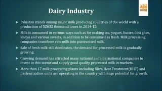 Dairy Industry
 Pakistan stands among major milk producing countries of the world with a
production of 52632 thousand tones in 2014-15.
 Milk is consumed in various ways such as for making tea, yogurt, butter, desi ghee,
khoya and various sweets, in addition to be consumed as fresh. Milk processing
companies transform raw milk into pasteurized milk.
 Sale of fresh milk still dominates, the demand for processed milk is gradually
growing.
 Growing demand has attracted many national and international companies to
invest in this sector and supply good quality processed milk in markets.
 More than 17 milk processing plants including Ultra Heat Treatment(UHT) and
pasteurization units are operating in the country with huge potential for growth.
 