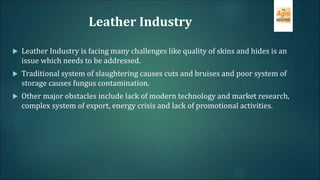 Leather Industry
 Leather Industry is facing many challenges like quality of skins and hides is an
issue which needs to be addressed.
 Traditional system of slaughtering causes cuts and bruises and poor system of
storage causes fungus contamination.
 Other major obstacles include lack of modern technology and market research,
complex system of export, energy crisis and lack of promotional activities.
 