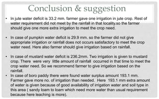 Conclusion & suggestion
• In jute water deficit is 33.2 mm. farmer gave one irrigation in jute crop. Rest of
water requirement did not meet by the rainfall in that locality.so the farmer
should give one more extra irrigation to meet the crop need.
• In case of pumpkin water deficit is 29.9 mm. so the farmer did not give
appropriate irrigation or rainfall does not occurs satisfactory to meet the crop
water need. Here also farmer should give irrigation based on rainfall.
• In case of mustard water deficit is 236.2mm. Two irrigation is given to mustard
crop. There were very little amount of rainfall occurred in that time to meet the
crop water need. So we recommend farmer to give irrigation based on the
rainfall.
• In case of boro paddy there were found water surplus amount 193.1 mm.
Farmer gave more no. of irrigation than needed. Here 193.1 mm extra amount
of water is given because of good availability of irrigation water and soil type in
this area ( sandy loam to loam which need more water than usual requirement
because here leaching is more).
 