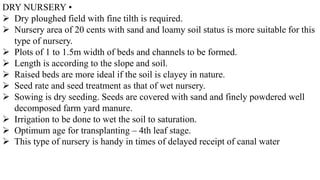 DRY NURSERY •
 Dry ploughed field with fine tilth is required.
 Nursery area of 20 cents with sand and loamy soil status is more suitable for this
type of nursery.
 Plots of 1 to 1.5m width of beds and channels to be formed.
 Length is according to the slope and soil.
 Raised beds are more ideal if the soil is clayey in nature.
 Seed rate and seed treatment as that of wet nursery.
 Sowing is dry seeding. Seeds are covered with sand and finely powdered well
decomposed farm yard manure.
 Irrigation to be done to wet the soil to saturation.
 Optimum age for transplanting – 4th leaf stage.
 This type of nursery is handy in times of delayed receipt of canal water
 
