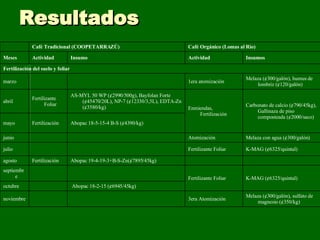 Resultados Melaza (¢300/galón), sulfato de magnesio (¢350/kg) 3era Atomización     noviembre   Abopac 18-2-15  (¢6945/45kg)   octubre K-MAG (¢6325/quintal) Fertilizante Foliar     septiembre     Abopac 19-4-19-3+B-S-Zn(¢7895/45kg) Fertilización agosto K-MAG (¢6325/quintal) Fertilizante Foliar     julio Melaza con agua (¢300/galón) Atomización     junio Abopac 18-5-15-4 B-S (¢4390/kg) Fertilización mayo Carbonato de calcio (¢790/45kg), Gallinaza de piso composteada (¢2000/saco) Enmiendas, Fertilización AS-MYL 50 WP (¢2990/500g), Bayfolan Forte (¢45470/20L), NP-7 (¢12330/3,5L), EDTA-Zn (¢3580/kg) Fertilizante Foliar abril Melaza (¢300/galón), humus de lombriz (¢120/galón) 1era atomización     marzo Fertilización del suelo y foliar Insumos Actividad Insumo Actividad Meses Café Orgánico (Lomas al Río) Café Tradicional (COOPETARRAZÚ)   