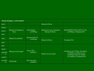 Root Out 36LS (¢2000/L) Hierbiciada noviembre octubre septiembre agosto Lechada de cal (¢75/kg), Tricoderma (¢2500/kg), almidón de yuca  (¢250/kg), humus de lombriz (¢120/galón), Trampas(¢254) Manejo de ojo de gallo Cepex 10LS (¢6020/L) Manejo de ojo de gallo julio     junio Trampas(¢254) Manejo de Broca Diazinon 60% CE (¢7890/kg) Manejo de cochinilla mayo abril marzo MICROMINS VIGILANTE 81.6 SL (¢2500/kg), Trampas(¢254) Manejo de la roya, chasparria, Manejo de Broca Cobre Sandoz (¢3500/kg) Manejo de Chasparria y Roya febrero   Manejo de Broca     enero Manejo de plagas y enfermedades 