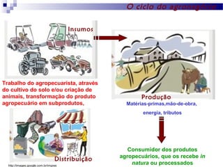 O ciclo do agronegócio
Insumos

Trabalho do agropecuarista, através
do cultivo do solo e/ou criação de
animais, transformação do produto
agropecuário em subprodutos,

Produção
Matérias-primas,mão-de-obra,
energia, tributos

Distribuição
http://images.google.com.br/imgres

Consumidor dos produtos
agropecuários, que os recebe in
natura ou processados

 