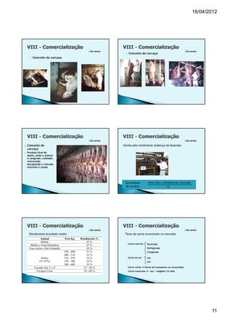 16/04/2012




                                                   ( Da carne)                                                           ( Da carne)
                                                                      Conceito de carcaça
         Conceito de carcaça




                                                   ( Da carne)                                                           ( Da carne)

   Conceito de                                                  Venda pelo rendimento (balança da fazenda)
    carcaça
   Produto final do
    abate, onde o animal
    é sangrado, esfolado,
    eviscerado,
    eviscerado
    decapitado e retirado
    mocotós e cauda




                                                                  Quantidade              Peso Vivo x Rendimento (acordo)
                                                                  de arrobas                                15




                                                   ( Da carne)                                                           ( Da carne)
     Rendimento acordado médio                                    Tipos de carne encontrado no mercado
              Animal              Peso Kg     Rendimento %
               Búfala                             45 %
                                                                       Carne sob frio    Resfriada
      Búfalo e Vaca Holandesa                     47 %
     Vaca nelore e Boi Holandês                   50 %                                   Refrigerada
                                  450 - 480       51 %                                   Congelada
                                  480 - 510       52 %
               Nelore             510 - 550       53 %                 Carne de sol      Sal
              (51-55%)            550 - 580       54 %                                   Sol
                                  580 - 600       55 %
          Cruzado Ind. E x Z                    53 - 56 %              Carne verde  Direto do matadouro ao consumidor
            Europeu Corte                       54 - 60 %              Carne maturada  - luz / - oxigênio / 21 dias




                                                                                                                                       11
 