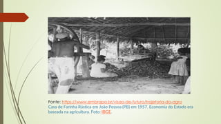 Fonte: https://www.embrapa.br/visao-de-futuro/trajetoria-do-agro
Casa de Farinha Rústica em João Pessoa (PB) em 1957. Economia do Estado era
baseada na agricultura. Foto: IBGE.
 