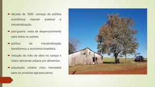  década de 1950: começo da política
econômica visando acelerar a
industrialização;
 pós-guerra: meta de desenvolvimento
para todos os países;
 política de industrialização
transformou a economia brasileira;
 redução da mão de obra no campo x
maior demanda urbana por alimentos;
 população urbana criou mercados
para os produtos agropecuários;
 