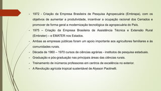 - 1972 - Criação da Empresa Brasileira de Pesquisa Agropecuária (Embrapa), com os
objetivos de aumentar a produtividade, incentivar a ocupação racional dos Cerrados e
promover de forma geral a modernização tecnológica da agropecuária do País.
- 1975 – Criação da Empresa Brasileira de Assistência Técnica e Extensão Rural
(Embrater) – e EMATER nos Estados.
- Ambas as empresas públicas foram um apoio importante aos agricultores familiares e às
comunidades rurais.
- Década de 1960 – 1970 cursos de ciências agrárias - institutos de pesquisa estaduais.
- Graduação e pós-graduação nas principais áreas das ciências rurais.
- Treinamento de inúmeros professores em centros de excelência no exterior.
- A Revolução agrícola tropical sustentável de Alysson Paolinelli.
 