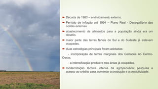  Década de 1980 – endividamento externo.
 Período de inflação até 1994 – Plano Real - Desequilíbrio das
contas externas.
 abastecimento de alimentos para a população ainda era um
desafio.
 maior parte das terras férteis do Sul e do Sudeste já estavam
ocupadas.
 duas estratégias principais foram adotadas:
- incorporação de terras marginais dos Cerrados no Centro-
Oeste;
- a intensificação produtiva nas áreas já ocupadas.
 modernização técnica intensa da agropecuária: pesquisa e
acesso ao crédito para aumentar a produção e a produtividade.
 