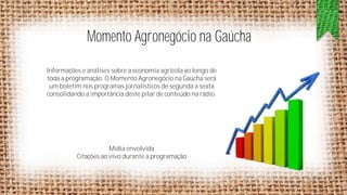Momento Agronegócio na Gaúcha
Informações e análises sobre a economia agrícola ao longo de
toda a programação. O Momento Agronegócio na Gaúcha será
um boletim nos programas jornalísticos de segunda a sexta
consolidando a importância deste pilar de conteúdo na rádio.

Mídia envolvida
Citações ao vivo durante a programação

 