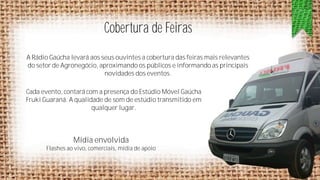 Cobertura de Feiras
A Rádio Gaúcha levará aos seus ouvintes a cobertura das feiras mais relevantes
do setor de Agronegócio, aproximando os públicos e informando as principais
novidades dos eventos.
Cada evento, contará com a presença do Estúdio Móvel Gaúcha
Fruki Guaraná. A qualidade de som de estúdio transmitido em
qualquer lugar.

Mídia envolvida
Flashes ao vivo, comerciais, mídia de apoio

 