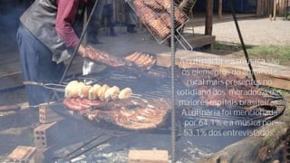 A culinária e a música são
os elementos do ambiente
rural mais presentes no
cotidiano dos moradores das
maiores capitais brasileiras.
A culinária foi mencionada
por 64,1% e a música por
53,1% dos entrevistados.
Fonte: ABAG/ESPM

 