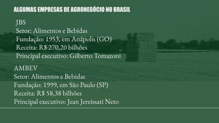AMBEV
Setor: Alimentos e Bebidas
Fundação: 1999, em São Paulo (SP)
Receita: R$ 58,38 bilhões
Principal executivo: Jean Jereissati Neto
JBS
Setor: Alimentos e Bebidas
Fundação: 1953, em Anápolis (GO)
Receita: R$ 270,20 bilhões
Principal executivo: Gilberto Tomazoni
ALGUMAS EMPRESAS DE AGRONEGÓCIO NO BRASIL
 