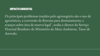 IMPACTO AMBIENTAL
Os principais problemas trazidos pelo agronegócio são o uso de
agrotóxicos, a conversão de florestas para desmatamento, e
avanços sobre área de reserva legal", avalia o diretor do Serviço
Florestal Brasileiro do Ministério do Meio Ambiente, Tasso de
Azevedo.
 