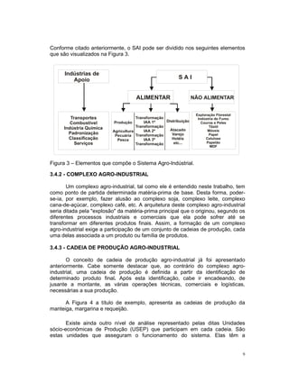 Conforme citado anteriormente, o SAI pode ser dividido nos seguintes elementos
que são visualizados na Figura 3.


      Indústrias de
         Apoio                                            SAI


                                     ALIMENTAR                     NÃO ALIMENTAR


                                                                    Exploração Florestal
         Transportes                  Transformação                  Indústria do Fumo
                           Produção       IAA 1ª    Distribuição
         Combustível                                                   Couros e Peles
      Indústria Química               Transformação                        Têxtil
                          Agricultura     IAA 2ª      Atacado             Móveis
        Padronização                                   Varejo              Papel
                           Pecuária Transformação
        Classificação        Pesca        IAA 3ª       Hotéis            Celulose
           Serviços                   Transformação     etc...            Papelão
                                                                            MDF



Figura 3 – Elementos que compõe o Sistema Agro-Indústrial.

3.4.2 - COMPLEXO AGRO-INDUSTRIAL

       Um complexo agro-industrial, tal como ele é entendido neste trabalho, tem
como ponto de partida determinada matéria-prima de base. Desta forma, poder-
se-ia, por exemplo, fazer alusão ao complexo soja, complexo leite, complexo
cana-de-açúcar, complexo café, etc. A arquitetura deste complexo agro-industrial
seria ditada pela "explosão" da matéria-prima principal que o originou, segundo os
diferentes processos industriais e comerciais que ela pode sofrer até se
transformar em diferentes produtos finais. Assim, a formação de um complexo
agro-industrial exige a participação de um conjunto de cadeias de produção, cada
uma delas associada a um produto ou família de produtos.

3.4.3 - CADEIA DE PRODUÇÃO AGRO-INDUSTRIAL

       O conceito de cadeia de produção agro-industrial já foi apresentado
anteriormente. Cabe somente destacar que, ao contrário do complexo agro-
industrial, uma cadeia de produção é definida a partir da identificação de
determinado produto final. Após esta identificação, cabe ir encadeando, de
jusante a montante, as várias operações técnicas, comerciais e logísticas,
necessárias a sua produção.

      A Figura 4 a título de exemplo, apresenta as cadeias de produção da
manteiga, margarina e requeijão.

       Existe ainda outro nível de análise representado pelas ditas Unidades
sócio-econômicas de Produção (USEP) que participam em cada cadeia. São
estas unidades que asseguram o funcionamento do sistema. Elas têm a


                                                                                           9
 