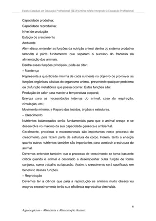 Escola Estadual de Educação Profissional [EEEP]Ensino Médio Integrado à Educação Profissional
6
Agronegócios – Alimentos e Alimentação Animal
Capacidade produtiva;
Capacidade reprodutiva;
Nível de produção
Estagio de crescimento
Ambiente
Além disso, entender as funções da nutrição animal dentro do sistema produtivo
também é parte fundamental que separam o sucesso do fracasso na
alimentação dos animais.
Dentre essas funções principais, pode-se citar:
– Mantença
Representa a quantidade mínima de cada nutriente no objetivo de promover as
funções orgânicas básicas do organismo animal, prevenindo qualquer problema
ou disfunção metabólica que possa ocorrer. Estas funções são:
Produção de calor para manter a temperatura corporal;
Energia para as necessidades internas do animal, caso da respiração,
circulação, etc.;
Movimento mínimo; e Reparo dos tecidos, órgãos e estruturas.
– Crescimento
Nutrientes balanceados serão fundamentais para que o animal cresça e se
desenvolva no máximo da sua capacidade genética e ambiental.
Geralmente, proteínas e macrominerais são importantes neste processo de
crescimento, pois fazem parte da estrutura do corpo. Porém, tanto a energia
quanto outros nutrientes também são importantes para construir a estrutura do
animal.
Devemos entender também que o processo de crescimento se torna bastante
crítico quando o animal é destinado a desempenhar outra função de forma
conjunta, como trabalho ou lactação. Assim, o crescimento será sacrificado em
benefício dessas funções.
– Reprodução
Devemos ter a ciência que para a reprodução os animais muito obesos ou
magros excessivamente terão sua eficiência reprodutiva diminuída.
 