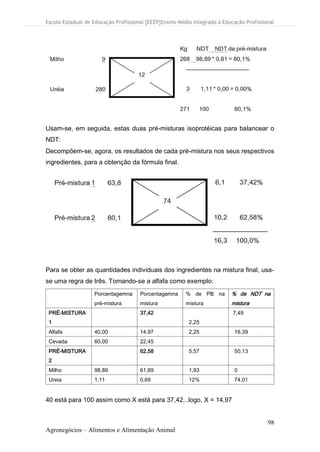 Escola Estadual de Educação Profissional [EEEP]Ensino Médio Integrado à Educação Profissional
98
Agronegócios – Alimentos e Alimentação Animal
Usam-se, em seguida, estas duas pré-misturas isoprotéicas para balancear o
NDT:
Decompõem-se, agora, os resultados de cada pré-mistura nos seus respectivos
ingredientes, para a obtenção da fórmula final.
Para se obter as quantidades individuais dos ingredientes na mistura final, usa-
se uma regra de três. Tomando-se a alfafa como exemplo:
Porcentagemna
pré-mistura
Porcentagemna
mistura
% de PB na
mistura
% de NDT na
mistura
PRÉ-MISTURA
1
37,42
2,25
7,49
Alfafa 40,00 14,97 2,25 16,39
Cevada 60,00 22,45
PRÉ-MISTURA
2
62,58 5,57 50,13
Milho 98,89 61,89 1,93 0
Ureia 1,11 0,69 12% 74,01
40 está para 100 assim como X está para 37,42...logo, X = 14,97
 