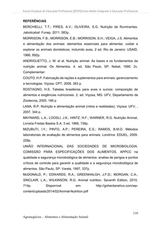 Escola Estadual de Educação Profissional [EEEP]Ensino Médio Integrado à Educação Profissional
110
Agronegócios – Alimentos e Alimentação Animal
REFERÊNCIAS
BERCHIELLI, T.T.; PIRES, A.V.; OLIVEIRA, S.G. Nutrição de Ruminantes.
Jaboticabal: Funep, 2011. 583p.
MORRISON, F.B.; MORRISON, E.B.; MORRISON, S.H.; VEIGA, J.S. Alimentos
e alimentação dos animais: elementos essenciais para alimentar, cuidar e
explorar os animais domésticos, incluindo aves. 2 ed. Rio de Janeiro: USAID,
1966, 892p.
ANDRIGUETTO, J. M. et al. Nutrição animal: As bases e os fundamentos da
nutrição animal. Os Alimentos. 4. ed. São Paulo, SP: Nobel, 1990. 2v.
Complementar:
COUTO, H.P. Fabricação de rações e suplementos para animais: gerenciamento
e tecnologias. Viçosa: CPT, 2008. 263 p.
ROSTAGNO, H.S. Tabelas brasileiras para aves e suínos: composição de
alimentos e exigências nutricionais. 2. ed. Viçosa, MG: UFV, Departamento de
Zootecnia, 2005. 186 p
LANA, R.P. Nutrição e alimentação animal (mitos e realidades). Viçosa: UFV, ,
2007. 344 p.
MAYNARD, L.A.; LOOSLI, J.K.; HINTZ, H.F.; WARNER, R.G. Nutrição Animal,
Livraria Freitas Bastos S.A. 3 ed, 1966, 736p.
MIZUBUTI, I.Y.; PINTO, A.P.; PEREIRA, E.S.; RAMOS, B.M.O. Métodos
laboratoriais de avaliação de alimentos para animais. Londrina: EDUEL, 2009.
228p.
UNIÃO INTERNACIONAL DAS SOCIEDADES DE MICROBIOLOGIA.
COMISSÃO PARA ESPECIFICAÇÕES DOS ALIMENTOS. APPCC na
qualidade e segurança microbiológica de alimentos: analise de perigos e pontos
críticos de controle para garantir a qualidade e a segurança microbiológica de
alimentos. São Paulo, SP: Varela, 1997, 337p.
McDONALD, P.; EDWARDS, R.A.; GREENHALGH, J.F.D.; MORGAN, C.A.;
SINCLAIR, L.A.; WILKINSON, R.G. Animal nutrition. Seventh Edition, 2010,
714p. Disponível em: http://gohardanehco.com/wp-
content/uploads/2014/02/Animal-Nutrition.pdf
 