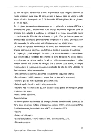 Escola Estadual de Educação Profissional [EEEP]Ensino Médio Integrado à Educação Profissional
18
Agronegócios – Alimentos e Alimentação Animal
do teor na ração. Para suínos e aves, a quantidade pode chegar a até 80% da
ração (moagem mais fina). Já para cavalos e ovinos, pode-se utilizar o grão
inteiro. O milho é composto por 61% de amido, 19% de glúten, 4% de gérmen,
e 16% de água.
As principais formas de amido encontradas no milho são a amilose (27%) e a
amilopectina (73%), encontradas num arranjo facilmente digerível para os
animais. Em relação à proteína, a principal é a zeína, encontrada numa
concentração de 50% do total existente no grão. Esta proteína é pobre em
aminoácidos essenciais, principalmente o triptofano e a lisina. Em dietas com
alta proporção de milho, estes aminoácidos devem ser adicionados.
Os óleos ou lipídeos encontrados no milho são classificados como ácidos
graxos, sobretudo o palmítico, o esteárico, o oleico, o linoleico e o linolênico.
A composição química do grão de milho pode variar de acordo com o solo em
que foi cultivado, a variedade da semente e o clima de região. Na tabela abaixo,
encontram-se os valores médios de vários nutrientes que compõem o milho.
Porém, devido aos fatores de variação que a cultura pode sofrer, é sempre
recomendável a realização de análise detalhada do lote de milho utilizado na
formulação de dietas balanceadas.
Para a alimentação animal, devemos considerar os seguintes fatores:
• Produto como colhido no campo (cores: branca, vermelha e amarela);
• Quirera: grão de milho quebrado grosseiramente;
• Fubá é o grão de milho moído adequadamente.
• Quirera: não recomendada, ou, em casos de dieta pobre em forragem, grãos
presentes nas fezes.
• Fubá, é mais digestível.
Características
• Fornece grande quantidade de energia/unidade; contém baixo conteúdo de
fibra; é rico em amido (3/4) no endosperma, amilose (23%) e amilopectina (73%);
3.400 cal de energia metabolizável e NDT equivalente a 80%.
Proteína
• Baixo valor biológico.
• Baixo teor proteico, < 10% embrião, 27%, e endosperma, 73%.
• Tipos de proteína:
 