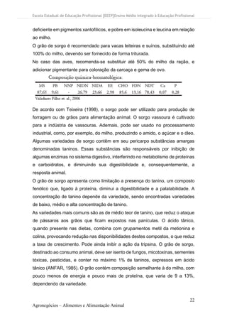 Escola Estadual de Educação Profissional [EEEP]Ensino Médio Integrado à Educação Profissional
22
Agronegócios – Alimentos e Alimentação Animal
deficiente em pigmentos xantofílicos, e pobre em isoleucina e leucina em relação
ao milho.
O grão de sorgo é recomendado para vacas leiteiras e suínos, substituindo até
100% do milho, devendo ser fornecido de forma triturada.
No caso das aves, recomenda-se substituir até 50% do milho da ração, e
adicionar pigmentante para coloração da carcaça e gema de ovo.
De acordo com Teixeira (1998), o sorgo pode ser utilizado para produção de
forragem ou de grãos para alimentação animal. O sorgo vassoura é cultivado
para a indústria de vassouras. Ademais, pode ser usado no processamento
industrial, como, por exemplo, do milho, produzindo o amido, o açúcar e o óleo.
Algumas variedades de sorgo contêm em seu pericarpo substâncias amargas
denominadas taninos. Essas substâncias são responsáveis por inibição de
algumas enzimas no sistema digestivo, interferindo no metabolismo de proteínas
e carboidratos, e diminuindo sua digestibilidade e, consequentemente, a
resposta animal.
O grão de sorgo apresenta como limitação a presença do tanino, um composto
fenólico que, ligado à proteína, diminui a digestibilidade e a palatabilidade. A
concentração de tanino depende da variedade, sendo encontradas variedades
de baixo, médio e alta concentração de tanino.
As variedades mais comuns são as de médio teor de tanino, que reduz o ataque
de pássaros aos grãos que ficam expostos nas panículas. O ácido tânico,
quando presente nas dietas, combina com grupamentos metil da metionina e
colina, provocando redução nas disponibilidades destes compostos, o que reduz
a taxa de crescimento. Pode ainda inibir a ação da tripsina. O grão de sorgo,
destinado ao consumo animal, deve ser isento de fungos, micotoxinas, sementes
tóxicas, pesticidas, e conter no máximo 1% de taninos, expressos em ácido
tânico (ANFAR, 1985). O grão contém composição semelhante à do milho, com
pouco menos de energia e pouco mais de proteína, que varia de 9 a 13%,
dependendo da variedade.
 