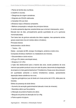 Escola Estadual de Educação Profissional [EEEP]Ensino Médio Integrado à Educação Profissional
47
Agronegócios – Alimentos e Alimentação Animal
• Planta da família das crucíferas.
o (repolho e couves).
• Oleaginosa de origem canadense.
• Originária da COLZA melhorada.
o Canadian Oil Low Acid.
o Brassica napus e Brassica campestris.
• Melhora composição e redução dos princípios tóxicos.
A canola apresenta algumas características que a tornam interessante, como:
Elevado teor de óleo, principalmente grande quantidade de ω-3 e gorduras
monoinsaturadas;
Tem baixo teor de gordura saturada dos óleos vegetais, mas apresenta ácidos
graxos essenciais (rica em ácidos oleico e linoleico).
Princípios tóxicos
Isotiocianatos e ácido tânico
Tanino – 3%
Dietas – excreção de MS, energia, N endógeno, proteína e ácido úrico.
Compostos fenólicos interferem no metabolismo de minerais.
• Glucosinolatos e ácido erúcico
o 20 μg e 5% (dobro zero/dupla baixa).
• Sinapina (1,0-1,5%)
o Ação não desfavorável para a maioria das aves, exceto poedeiras de ovos
marrons que podem produzir ovos com odor de peixe, decorrente da degradação
da sinapina no trato gastrointestinal em Trimetilamina. Essas aves não produzem
em quantidade suficiente a enzima trimetilamina oxidase, apresentando
deposição desta substância nos ovos.
• Agentes goitrogênicos (uso do farelo em níveis acima de 8-10%, afeta peso da
tireoide).
Efeitos da presença de ácido tânico
• Aumento da secreção gastrointestinal (elevado níveis de minerais).
• Neutraliza cálcio que fixa proteína
o Alteração da proteína fixadora de cálcio.
• Bloqueio de pontos de absorção de Ca e Mg
o Parte superior do jejuno.
 