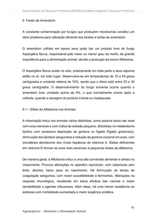 Escola Estadual de Educação Profissional [EEEP]Ensino Médio Integrado à Educação Profissional
81
Agronegócios – Alimentos e Alimentação Animal
9. Farelo de Amendoim
A constante contaminação por fungos que produzem micotoxinas constitui um
sério problema para utilização eficiente dos farelos e tortas de amendoim.
O amendoim colhido em época seca pode dar um produto livre do fungo
Aspergillus flavus, responsável pelo maior ou menor grau de morfo, de grande
importância para a alimentação animal, devido a produção da toxina Aflotoxina.
O Aspergillus flavus existe no solo, praticamente em toda parte e seus esporos
estão no ar, em todo lugar. Desenvolve-se em temperaturas de 10 a 45 graus
centígrados e umidade relativa de 74%, sendo que o ótimo está entre 25 e 30
graus centígrados. O desenvolvimento do fungo somente ocorre quando o
amendoim tiver umidade acima de 9%, o que normalmente ocorre após a
colheita, quando a secagem do produto é lenta ou inadequada.
9.1 – Efeito da Aflatoxina nos Animais
A intoxicação induz nos animais vários distúrbios, como postura baixa nas aves
com ovos menores e com índice de eclosão pequeno. Distúrbios no metabolismo
lipídico com excessiva deposição de gordura no fígado (fígado gorduroso),
diminuição dos lipídeos sanguíneos e redução da gordura corporal em aves, com
simultâneo decréscimo dos níveis hepáticos de vitamina A. Dietas deficientes
em vitamina D tornam as aves mais sensíveis à pequenas doses de aflatoxina.
De maneira geral, a Aflotoxina induz a uma alta conversão alimentar e atraso no
crescimento. Provoca alterações no aparelho reprodutor, com coberturas sem
êxito, abortos, baixo peso ao nascimento. Há diminuição do tempo de
coagulação sanguínea, com maior suscetibilidade à ferimentos. Alterações na
resposta imunológica, resultando em baixa eficácia das vacinas e maior
sensibilidade a agentes infecciosos. Além disso, há uma menor resistência ao
estresse com mortalidade aumentada e maior exigência protéica.
 