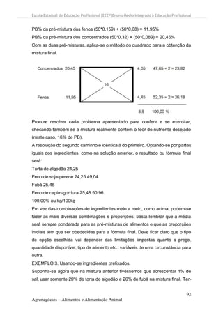 Escola Estadual de Educação Profissional [EEEP]Ensino Médio Integrado à Educação Profissional
92
Agronegócios – Alimentos e Alimentação Animal
PB% da pré-mistura dos fenos (50*0,159) + (50*0,08) = 11,95%
PB% da pré-mistura dos concentrados (50*0,32) + (50*0,089) = 20,45%
Com as duas pré-misturas, aplica-se o método do quadrado para a obtenção da
mistura final.
Procure resolver cada problema apresentado para conferir e se exercitar,
checando também se a mistura realmente contém o teor do nutriente desejado
(neste caso, 16% de PB).
A resolução do segundo caminho é idêntica à do primeiro. Optando-se por partes
iguais dos ingredientes, como na solução anterior, o resultado ou fórmula final
será:
Torta de algodão 24,25
Feno de soja-perene 24,25 49,04
Fubá 25,48
Feno de capim-gordura 25,48 50,96
100,00% ou kg/100kg
Em vez das combinações de ingredientes meio a meio, como acima, podem-se
fazer as mais diversas combinações e proporções; basta lembrar que a média
será sempre ponderada para as pré-misturas de alimentos e que as proporções
iniciais têm que ser obedecidas para a fórmula final. Deve ficar claro que o tipo
de opção escolhida vai depender das limitações impostas quanto a preço,
quantidade disponível, tipo de alimento etc., variáveis de uma circunstância para
outra.
EXEMPLO 3. Usando-se ingredientes prefixados.
Suponha-se agora que na mistura anterior tivéssemos que acrescentar 1% de
sal, usar somente 20% de torta de algodão e 20% de fubá na mistura final. Ter-
 