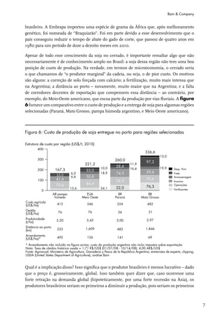 Bain & Company


brasileiro. A Embrapa importou uma espécie de grama da África que, após melhoramento
genético, foi nomeada de “Braquiarão”. Foi em parte devido a esse desenvolvimento que o
país conseguiu reduzir o tempo de abate do gado de corte, que passou de quatro anos em
1980 para um período de doze a dezoito meses em 2010.

Apesar de todo esse crescimento da soja no cerrado, é importante ressaltar algo que não
necessariamente é de conhecimento amplo no Brasil: a soja dessa região não tem uma boa
posição de custo de produção. Na verdade, em termos de microeconomia, o cerrado seria
o que chamamos de “o produtor marginal” da cadeia, ou seja, o de pior custo. Os motivos
são alguns: a correção de solo forçada com calcário; a fertilização, muito mais intensa que
na Argentina; a distância ao porto – novamente, muito maior que na Argentina; e a falta
de corredores decentes de exportação que compensem essa distância – ao contrário, por
exemplo, do Meio-Oeste americano, que escoa parte da produção por vias fluviais. A figura
6 fornece um comparativo entre o custo de produção e a entrega de soja para algumas regiões
selecionadas (Paraná, Mato Grosso, pampa húmeda argentino, e Meio Oeste americano).



Figura 6: Custo de produção de soja entregue no porto para regiões selecionadas




Qual é a implicação disso? Isso significa que o produtor brasileiro é menos lucrativo – dado
que o preço é, grosseiramente, global. Isso também quer dizer que, caso ocorresse uma
forte retração na demanda global (hipoteticamente, por uma forte recessão na Ásia), os
produtores brasileiros seriam os primeiros a diminuir a produção, pois seriam os primeiros



                                                                                               7
 