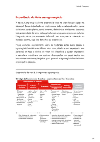 Bain & Company




Experiência da Bain em agronegócio

A Bain & Company possui uma experiência única no setor de agronegócio no
Mercosul. Temos trabalhado em praticamente toda a cadeia de valor, desde
os insumos para o plantio, como sementes, defensivos e fertilizantes, passando
pela propriedade da terra, pela agricultura de uma gama enorme de culturas,
chegando até o processamento industrial, seu transporte e colocação no
mercado destino, seja este doméstico ou exportação.

Nosso profundo conhecimento sobre as mudanças pelas quais passou o
agronegócio brasileiro nos últimos trinta anos, aliado a uma experiência sem
paralelos em toda a cadeia de valor, nos credencia a ajudar empresários
e executivos ambiciosos que queiram desempenhar um papel central nas
importantes transformações pelas quais passará o agronegócio brasileiro nas
próximas três décadas.




Experiência da Bain & Company no agronegócio




                                                                                      19
 