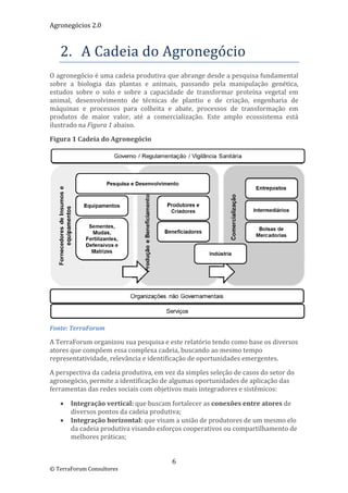 Agronegócios 2.0  
 

   2. A Cadeia do Agronegócio 
O agronegócio é uma cadeia produtiva que abrange desde a pesquisa fundamental 
sobre  a  biologia  das  plantas  e  animais,  passando  pela  manipulação  genética, 
estudos  sobre  o  solo  e  sobre  a  capacidade  de  transformar  proteína  vegetal  em 
animal,  desenvolvimento  de  técnicas  de  plantio  e  de  criação,  engenharia  de 
máquinas  e  processos  para  colheita  e  abate,  processos  de  transformação  em 
produtos  de  maior  valor,  até  a  comercialização.  Este  amplo  ecossistema  está 
ilustrado na Figura 1 abaixo. 

Figura 1 Cadeia do Agronegócio  




                                                                                             
Fonte: TerraForum 

A TerraForum organizou sua pesquisa e este relatório tendo como base os diversos 
atores que compõem essa complexa cadeia, buscando ao mesmo tempo 
representatividade, relevância e identificação de oportunidades emergentes.  

A perspectiva da cadeia produtiva, em vez da simples seleção de casos do setor do 
agronegócio, permite a identificação de algumas oportunidades de aplicação das 
ferramentas das redes sociais com objetivos mais integradores e sistêmicos: 

      Integração vertical: que buscam fortalecer as conexões entre atores de 
       diversos pontos da cadeia produtiva; 
      Integração horizontal: que visam a união de produtores de um mesmo elo 
       da cadeia produtiva visando esforços cooperativos ou compartilhamento de 
       melhores práticas; 


                                           6 
© TerraForum Consultores 
 