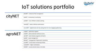 IoT solutions portfolio
cityNET
fleetNET – enterprise fleet management
ekoNET – environment monitoring
parkNET – more effi...