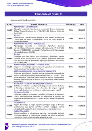 5
CRONOGRAMA DE AULAS
Vejamos a distribuição das aulas:
AULAS TÓPICOS ABORDADOS PROFESSOR(A) DATA
Aula 00
AGRICULTURA E MEIO AMBIENTE
Educação ambiental; licenciamento ambiental; Biomas brasileiros;
Código Florestal Brasileiro (Lei nº 12.651/2012); Cadastro Ambiental
Rural (CAR).
Níria 18/12/19
Aula 01
SOLOS I
Intemperismo; características e gênese do solo; Sistema Brasileiro de
Classificação de Solos; características físicas do solo; erosão e
conservação do solo.
Diego 18/12/19
Aula 02
AGRICULTURA ORGÂNICA E AGROECOLOGIA
Agroecologia (conceito e princípios); Agricultura Orgânica
(características, sistemas de produção alternativos, Lei nº 10.831/03,
Decreto nº 6.323/2007 e certificação); Política Nacional de Agroecologia
e Produção Orgânica (PNAPO).
Níria 18/12/19
Aula 03
SOLOS II
Fertilidade dos solos: fatores que influenciam a fertilidade; matéria
orgânica, acidez do solo; técnicas de calagem, gessagem e adubação;
tipos e classificação de fertilizantes; legislação corretivos e fertilizantes
(Lei nº 6.894/1980).
Diego 18/12/19
Aula 04
ADMINISTRAÇÃO, ECONOMIA E EXTENSÃO RURAL
Noções de administração e economia rural; Agricultura Familiar; Crédito
Rural; Assistência Técnica e Extensão Rural.
Níria 30/12/19
Aula 05
BOTÂNICA, PROPAGAÇÃO E MELHORAMENTO DE PLANTAS
Anatomia, Morfologia e Fisiologia vegetal; propagação assexuada de
plantas; produção e tecnologia de sementes (Lei nº 10.711/2003 - nova
lei de sementes); genética e melhoramento de plantas; biotecnologias
aplicadas à agricultura (Lei nº 11.105/2005 - organismos geneticamente
modificados).
Diego 20/01/20
Aula 06
TECNOLOGIA E SANIDADE DOS PRODUTOS AGRÍCOLAS
Colheita, pós-colheita e beneficiamento de grãos; pós-colheita de frutas
e hortaliças; transformação dos alimentos de origem vegetal;
conservação de alimentos. Sanidade de produtos de origem vegetal.
Níria 10/02/20
Aula 07
RECURSOS HÍDRICOS
Hidrologia; irrigação e drenagem: princípios de irrigação e drenagem;
relação água-solo-planta; avaliação da necessidade e métodos de
irrigação e de drenagem; Lei nº 9.433/1997 (Política Nacional de Recursos
Hídricos).
Diego 02/03/20
Aula 08
FITOSSANIDADE I
Noções de doenças e pragas agrícolas: principais pragas e doenças;
características das plantas daninhas; controle biológico. Manejo
Integrado de Pragas (MIP); Controle de doenças e plantas daninhas.
Níria 23/03/20
Aula 09
ENGENHARIA RURAL
Agrometeorologia e climatologia agrícola; mecanização agrícola:
principais máquinas e implementos utilizados na produção agrícola;
construções rurais; cultivo protegido; energização rural.
Diego 13/04/20
Diego Tassinari, Níria Costa Assis Dias
Aula 00 (Profª Níria Costa Assis)
Agronomia/Engenharia Agronômica p/ Concursos - Curso Regular (Com Videoaulas) 2020
www.estrategiaconcursos.com.br
0
00000000000 - DEMO
 