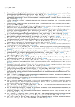 Agronomy 2022, 12, 2539 12 of 17
3. Muhmood, A.; Lu, J.; Dong, R.; Wu, S. Formation of struvite from agricultural waste waters and its reuse on farmlands: Status
and hindrances to closing the nutrient loop. J. Environ. Manag. 2019, 230, 1–13. [CrossRef] [PubMed]
4. Hummel, C.; Boitt, G.; Santner, J.; Lehto, N.J.; Condron, L.; Wenzel, W.W. Co-occurring increased phosphatase activity and labile
P depletion in the rhizosphere of Lupinus angustifolius assessed with a novel, combined 2D-imaging approach. Soil Biol. Biochem.
2021, 153, 107963. [CrossRef]
5. Nesme, T.; Metson, G.S.; Bennett, E.M. Global phosphorus flows through agricultural trade. Glob. Environ. Chang. 2018, 50,
133–141. [CrossRef]
6. Wilson, H.; Elliott, J.; Macrae, M.; Glenn, A. Near surface soils as a source of Phosphorus in snow melt runoff from crop land. J.
Environ. Qual. 2019, 23, 445–455.
7. Jiang, B.; Shen, J.; Sun, M.; Hu, Y.; Jiang, W.; Wang, J.; Wu, J. Soil phosphorus availability and rice phosphorus uptake in paddy
fields under various agronomic practices. Pedosphere 2021, 31, 103–115. [CrossRef]
8. Helfenstein, J.; Tamburini, F.; von Sperber, C.; Massey, M.S.; Pistocchi, C.; Chadwick, O.A.; Frossard, E. Combining spectroscopic
and isotopic techniques gives a dynamic view of phosphorus cycling in soil. Nat. Commun. 2018, 9, 312–320. [CrossRef]
9. Scholz, R.W.; Wellmer, F.W. Endangering the integrity of science by misusing unvalidated models and untested assumptions as
facts: General considerations and the mineral and phosphorus scarcity fallacy. Sustain. Sci. 2021, 16, 2069–2086. [CrossRef]
10. Kreueder, A.; Santner, J.; Scharsching, V.; Oburger, E.; Hoefer, C.; Hann, S.; Wenzel, W.W. In situ observation of localized, sub-mm
scale changes of phosphorus biogeochemistry in the rhizosphere. Plant Soil 2018, 424, 573–589. [CrossRef]
11. Tian, J.; Lu, X.; Chen, Q.; Kuang, X.; Liang, C.; Deng, L.; Lin, D.; Cai, K.; Tian, J. Phosphorus fertilization affects soybean
rhizosphere phosphorus dynamics and the bacterial community in karst soils. Plant Soil 2022, 475, 137–152. [CrossRef]
12. De la Fuente Cantó, C.; Simonin, M.; King, E.; Moulin, L.; Bennett, M.J.; Castrillo, G.; Laplaze, L. An extended root phenotype:
The rhizosphere, its formation and impacts on plant fitness. Plant J. 2020, 103, 951–964. [CrossRef]
13. Kruse, J.; Abraham, M.; Amelung, W.; Baum, C.; Bol, R.; Kühn, O.; Leinweber, P. Innovative methods in soil phosphorus research:
A review. J. Plant Nutr. Soil Sci. 2015, 178, 43–88. [CrossRef]
14. Guan, D.X.; He, S.X.; Li, G.; Teng, H.H.; Ma, L.Q. Application of diffusive gradients in thin-films technique for speciation,
bioavailability, modeling and mapping of nutrients and contaminants in soils. Crit. Rev. Environ. Sci. Technol. 2021, 52, 3035–3079.
[CrossRef]
15. Santner, J.; Zhang, H.; Leitner, D.; Schnepf, A.; Prohaska, T.; Puschenreiter, M.; Wenzel, W.W. High-resolution chemical imaging of
labile phosphorus in the rhizosphere of Brassica napus L. cultivars. Environ. Exp. Bot. 2012, 77, 219–226. [CrossRef]
16. Santner, J.; Larsen, M.; Kreuzeder, A.; Glud, R.N. Two decades of chemical imaging of Solutes in sediments and soils—A review.
Anal. Chim. Acta 2015, 878, 9–42. [CrossRef]
17. Wang, Y.; Yuan, J.-H.; Chen, H.; Zhao, X.; Wang, D.; Wang, S.-Q.; Ding, S.-M. Small-scale interaction of iron and phosphorus in
flooded soils with rice growth. Sci. Total Environ. 2019, 660, 911–919. [CrossRef]
18. Wang, Y.; Chen, H.; Wang, L.; Zhu, W.; Yuan, J.; Jaisi, D.P.; Zhao, X.; Wang, S. Using diffusive gradients in thin films technique
for in-situ measurement of labile phosphorus around Oryza sativa L. roots in flooded paddy soils. Pedosphere 2021, 31, 76–82.
[CrossRef]
19. Kreuzeder, A.; Santner, J.; Prohaska, T.; Wenzel, W.W. Gel for simultaneous chemical imaging of anionic and cationic solutes
using diffusive gradients in thin films. Anal. Chem. 2013, 85, 12028–12036. [CrossRef]
20. Hong, C.; Su, Y.; Lu, S. Phosphorus availability changes in acidic soils amended with biochar, fly ash, and lime determined by
diffusive gradients in thin films (DGT) technique. Environ. Sci. Pollut. Res. 2018, 25, 30547–30556. [CrossRef]
21. Tian, K.; Xing, Z.; Liu, G.; Wang, H.; Jia, M.; Hu, W.; Huang, B. Cadmium phytoavailability under greenhouse vegetable
production system measured by diffusive gradients in thin films (DGT) and its implications for the soil threshold. Environ. Pollut.
2018, 241, 412–421. [CrossRef]
22. Wang, Y.; Lambers, H. Root-released organic anions in response to low phosphorus availability: Recent progress, challenges and
future perspectives. Plant Soil 2020, 447, 135–156. [CrossRef]
23. Penn, C.J.; Camberato, J.J. A Critical Review on Soil Chemical Processes that Control How Soil pH Affects Phosphorus Availability
to Plants. Agriculture 2019, 9, 120. [CrossRef]
24. Darch, T.; Giles, C.D.; Blackwell, M.S.A.; George, T.S.; Brown, L.K.; Menezes Blackburn, D.; Shand, C.A.; Stutter, M.I.; Lumsdon,
D.G.; Mezeli, M.M.; et al. Inter and intra specific intercropping of barley cultivars and legume species as affected by soil
phosphorus availability. Plant Soil 2018, 427, 125–138. [CrossRef]
25. Luo, X.; Mahdi, A.-K.; Han, X.-Z.; Chen, X.; Yan, J.; Biswas, A.; Zou, W.-X. Long-term application of fertilizer and manures affect
P fractions in Mollisol. Sci. Rep. 2020, 10, 14793. [CrossRef]
26. Hill, J.O.; Simpson, R.J.; Moore, A.D.; Chapman, D.F. Morphology and response of roots of pasture species to phosphorus and
nitrogen nutrition. Plant Soil 2006, 286, 7–19. [CrossRef]
27. Duque, L.O.; Villordon, A. Root Branching and Nutrient Efficiency: Status and Way Forward in Root and Tuber Crops. Front.
Plant Sci. 2019, 10, 237. [CrossRef]
28. Lyu, Y.; Tang, H.; Li, H.; Zhang, F.; Rengel, Z.; Whalley, W.R.; Shen, J. Major crop species show differential balance between root
morphological and physiological responses to variable Phosphorus supply. Front. Plant Sci. 2016, 7, 1939. [CrossRef]
29. Liu, J.; Yang, L.; Luan, M.; Wang, Y.; Zhang, C.; Zhang, B.; Luan, S. A vacuolar phosphate transporter essential for phosphate
homeostasis in Arabidopsis. Proc. Natl. Acad. Sci. USA 2015, 112, E6571–E6578. [CrossRef]
 