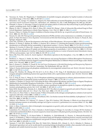 Agronomy 2022, 12, 2539 14 of 17
56. Tawaraya, K.; Naito, M.; Wagatsuma, T. Solubilization of insoluble inorganic phosphate by hyphal exudates of arbuscular
mycorrhizal fungi. J. Plant Nutr. 2006, 29, 657–665. [CrossRef]
57. Richardson, A.E.; George, T.S.; Jakobsen, I.; Simpson, R.J. Plant utilization of inositol Phosphates. In Inositol Phosphates: Linking
Agriculture and the Environment; Turner, B.L., Richardson, A.E., Mullaney, E.J., Eds.; CABI: Wallingford, UK, 2007; pp. 242–260.
58. Schnephf, A.; Roose, T.; Schweiger, P. Impact of growth and uptake patterns of arbuscular Mycorrhizal fungi on plant phosphorus
uptake-a modelling study. Plant Soil 2008, 312, 85–99. [CrossRef]
59. Begum, N.; Qin, C.; Ahanger, M.A.; Raza, S.; Khan, M.I.; Ashraf, M.; Zhang, L. Role of Arbuscular Mycorrhizal Fungi in Plant
Growth Regulation: Implications in Abiotic Stress Tolerance. Front. Plant Sci. 2019, 10, 1068. [CrossRef]
60. Saxena, J.; Rana, G.; Pandey, M. Impact of addition of biochar along with Bacillus sp. on growth and yield of French beans. Sci.
Hortic. 2013, 162, 351–356. [CrossRef]
61. Etesami, H.; Adl, S.M. Plant growth-promoting rhizobacteria (PGPR) and their action mechanisms in availability of nutrients to
plants. In Phyto-Microbiome in Stress Regulation: Environmental and Microbial Biotechnology; Kumar, M., Kumar, V., Prasad, R., Eds.;
Springer: Singapore, 2020.
62. Glick, B.R.; Gamalero, E. Recent Developments in the Study of Plant Microbiomes. Microorganisms 2021, 9, 1533. [CrossRef]
63. Khatoon, Z.; Huang, S.; Rafique, M.; Fakhar, A.; Kamran, M.A.; Santoyo, G. Unlocking the potential of plant growth-promoting
rhizobacteria on soil health and the sustainability of agricultural systems. J. Environ. Manag. 2020, 273, 111–118. [CrossRef]
64. Martinez, O.; Crowley, D.; Mora, M.L.; Jorquera, M.A. Short-term study shows that phytate-mineralizing rhizobacteria inoculation
affects the biomass, phosphorus (P) uptake and rhizosphere properties of cereal plants. J. Soil Sci. Plant Nutr. 2015, 15, 153–166.
65. Hale, L.; Luth, M.; Kenney, R.; Crowley, D. Evaluation of pinewood biochar as a carrier of bacterial strain Enterobacter cloacae
UW5 for soil inoculation. Appl. Soil Ecol. 2014, 84, 192–199. [CrossRef]
66. Barea, J.M.; Pozo, M.J.; Azcón, R.; Azcón-Aguilar, C. Microbialco-operation in the rhizosphere. J. Exp. Bot. 2005, 56, 1761–1778.
[CrossRef]
67. Breitkreuz, C.; Buscot, F.; Tarkka, M.; Reitz, T. Shifts between and among Populations of Wheat Rhizosphere Pseudomonas,
Streptomyces and Phyllo bacterium Suggest Consistent Phosphate Mobilization at Different Wheat Growth Stages under Abiotic
Stress. Front. Microbiol. 2020, 10, 3109. [CrossRef]
68. Basu, S.; Kumar, G.; Chhabra, S.; Prasad, R. New and Future Developments in Microbial Biotechnology and Bioengineering Phytomicro-
biome for Sustainable Agriculture; Elsevier: Amsterdam, The Netherlands, 2021; pp. 149–157.
69. Nahas, E. Factors determining rock phosphate solubilization by microorganisms isolated from soil. World J. Microbiol. Biotechnol.
2007, 12, 567–572. [CrossRef]
70. Zheng, B.X.; Ibrahim, M.; Zhang, D.P.; Bi, Q.-F.; Li, H.-Z.; Zhou, G.-W.; Yang, X.-R. Identification and characterization of
inorganic-phosphate-solubilizing bacteria from agricultural fields with a rapid isolation method. Appl. Microbiol. Biotechnol. 2018,
8, 47. [CrossRef]
71. Guo, S.; Feng, B.; Xiao, C.; Wang, Q.; Chi, R. Phosphate-solubilizing microorganisms to enhance phytoremediation of excess
phosphorus pollution in phosphate mining wasteland soil. Biomed. J. 2021, 25, 271–281. [CrossRef]
72. Amadou, I.; Houben, D.; Faucon, M.P. Unravelling the Role of Rhizosphere Microbiome and Root Traits in Organic Phosphorus
Mobilization for Sustainable Phosphorus Fertilization. A Review. Agronomy 2021, 11, 2267. [CrossRef]
73. Waldrip, H.M.; He, Z.; Erich, M.S. Effects of poultry manure amendment on phosphorus uptake by ryegrass, soil phosphorus
fractions and phosphatase activity. Biol. Fertil. Soils 2011, 47, 407–418. [CrossRef]
74. Rady, M.M.; Semida, W.M.; Hemida, K.A.; Abdelhamid, M.T. The effect of compost on growth and yield of Phaseolus vulgaris
plants grown under saline soil. Int. J. Recycl. Org. Waste Agric. 2016, 5, 311–321. [CrossRef]
75. Silva-Leal, J.A.; Pérez-Vidal, A.; Torres-Lozada, P. Effect of biosolids on the nitrogen and phosphorus contents of soil used for
sugarcane cultivation. Heliyon 2021, 7, 63360. [CrossRef]
76. Shen, Q.; Hedley, M.; Camps Arbestain, M.; Kirschbaum, M.U. Can biochar increase the bioavailability of phosphorus? J. Soil Sci.
Plant Nutr. 2016, 16, 268–286. [CrossRef]
77. Adekiya, A.O.; Olaniran, A.F.; Adenusi, T.T.; Aremu, C.; Ejue, W.S.; Iranloye, Y.M.; Olayanju, A. Effects of cow dung and wood
biochars and green manure on soil fertility and tiger nut (Cyperus esculentus L.) performance on a savanna Alfisol. Sci. Rep. 2020,
10, 21021. [CrossRef]
78. Zaidi, A.; Khan, S. Interactive effect of rhizotrophic microorganisms on growth, yield, and nutrient uptake of Wheat. J. Plant Nutr.
2005, 28, 2079–2092. [CrossRef]
79. Castanheira, N.L.; Dourado, A.C.; Pais, I.; Semedo, J.; Scotti-Campos, P.; Borges, N.; Carvalho, G.; Crespo, M.T.B.; Fareleira, P.
Colonization and beneficial effects on annual ryegrass by mixed inoculation with plant growth promoting bacteria. Microbial. Res.
2017, 198, 47–55. [CrossRef]
80. El Maaloum, S.; Elabeda, A.; El Alaoui-Talibia, Z.; Meddicha, A.; Filali-Maltoufb, A.; Douirac, A.; Ibnsouda-Koraichid, S.;
Amire, S.; El Modafar, C. Effect of arbuscular mycorrhizal fungi and Phosphate-solubilizing bacteria consortia associated with
Phospho-compost on Phosphorus solubilization and growth of tomato seedlings (Solanum lycopersicum L.). Commun. Soil Sci.
Plant Anal. 2019, 51, 622–634. [CrossRef]
81. Yasmeen, T.; Arif, M.S.; Shahzad, S.M.; Riaz, M.; Tufail, M.A.; Mubarik, M.S.; Ahmad, A.; Ali, S.; Albasher, G.; Shakoor, A.
Abandoned agriculture soil can be recultivated by promoting biological phosphorus fertility when amended with nano-rock
phosphate and suitable bacterial inoculant. Ecotoxicol. Environ. Saf. 2022, 234, 113385. [CrossRef]
 