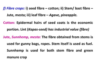 f) Fibre crops: i) seed fibre – cotton; ii) Stem/ bast fibre –
Jute, mesta; iii) leaf fibre – Agave, pineapple.
Cotton: Epidermal hairs of seed coats is the economic
portion. Lint (Kapas-seed) has industrial value (fibre)
Jute, Sunnhemp, mesta: The fibre obtained from stems is
used for gunny bags, ropes. Stem itself is used as fuel.
Sunnhemp is used for both stem fibre and green
manure crop
 
