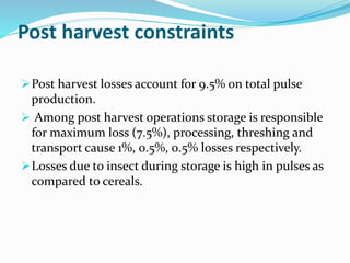 Post harvest constraints
Post harvest losses account for 9.5% on total pulse
production.
 Among post harvest operations storage is responsible
for maximum loss (7.5%), processing, threshing and
transport cause 1%, 0.5%, 0.5% losses respectively.
Losses due to insect during storage is high in pulses as
compared to cereals.
 